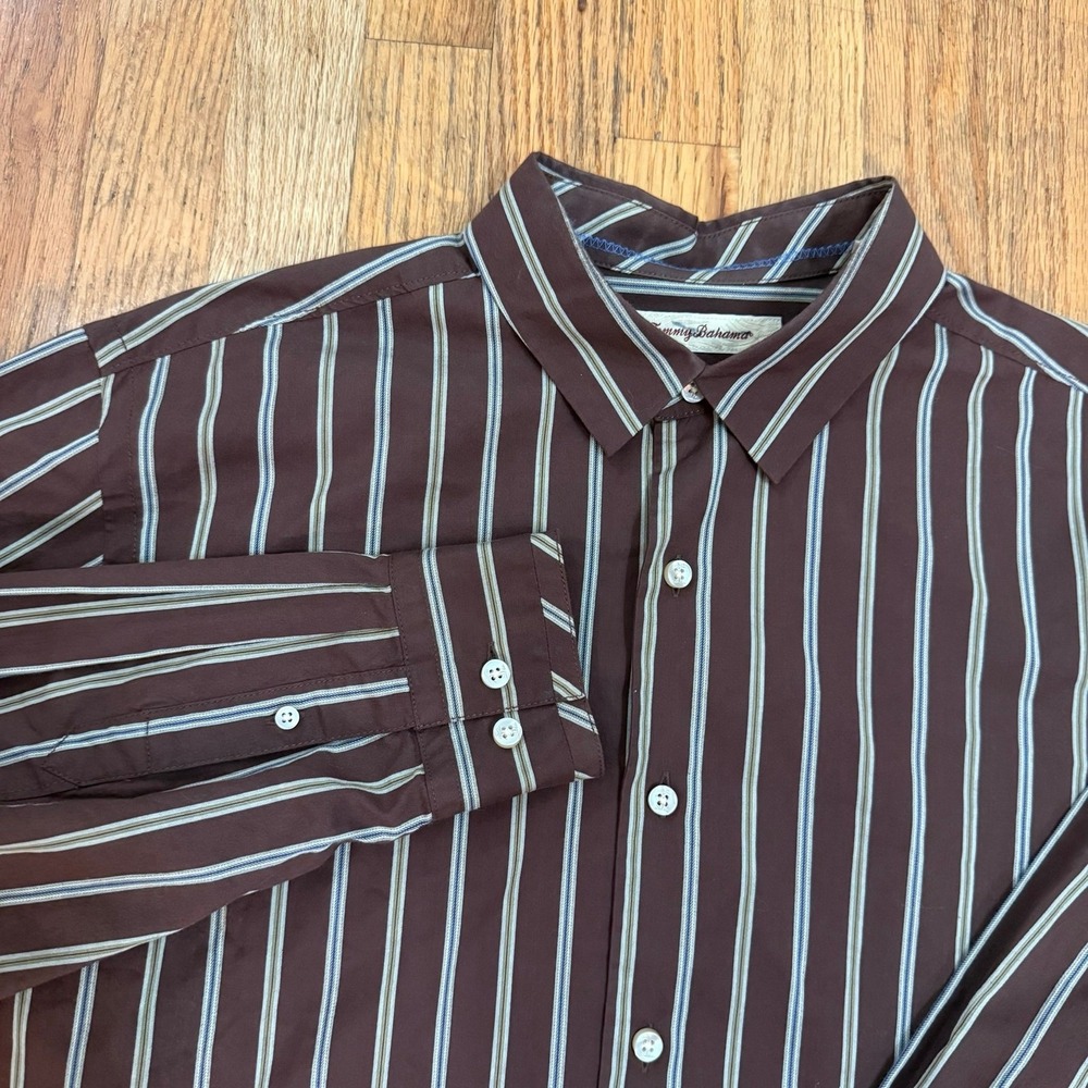 Tommy Bahama Mens Large Silk Cotton Blend Stiped Long Sleeve Button Down Shirt